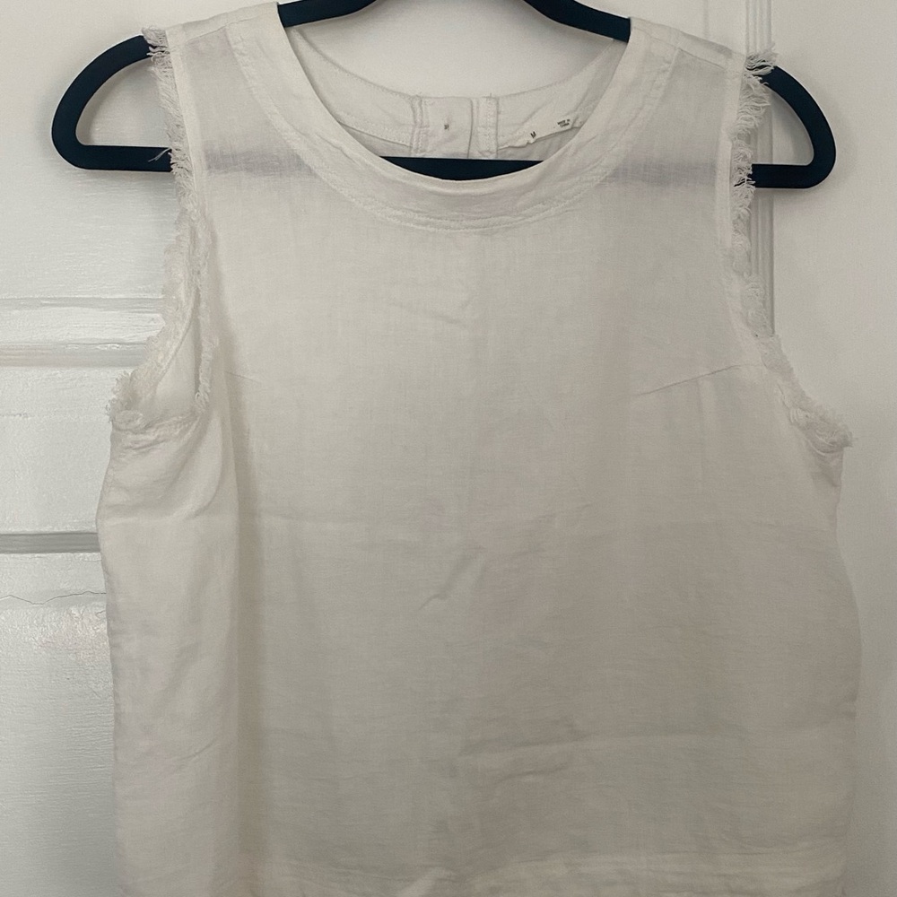 White Linen Blend Boxy Tank Top with Button Back